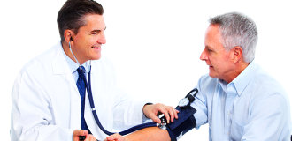 doctor checking the blood pressure of an elderly man